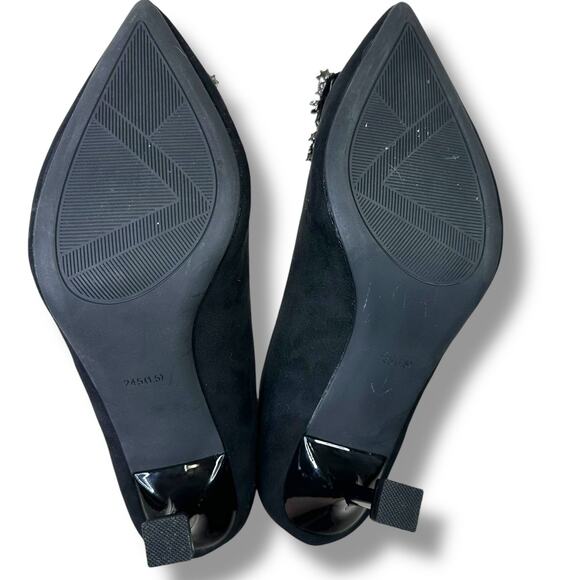 MEI TI MENG Black Embellished Pointed Toe Flared Heel Mengmei Stiletto Pumps - Picture 9 of 14